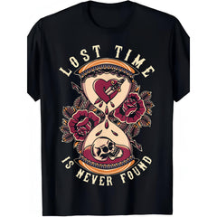 Men's & Unisex Vintage Hourglass Tattoo T-Shirt - Old School Full-Body Print, Crew Neck Casual Tee