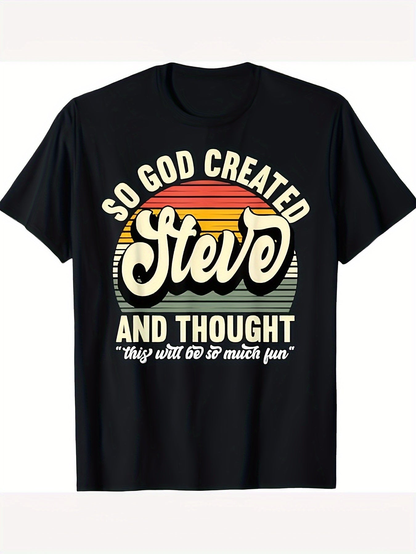 Men's So God Created Steve Humorous Graphic T-Shirt - Retro Tee with Bold Retro Stripes & Geometric Print, Round Neck Short Sleeve Casual Shirt