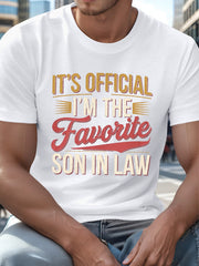 Men's "I'm the Favorite Son in Law" Print Casual Short Tee, Regular Fit, Crew Neck, Geometric Pattern