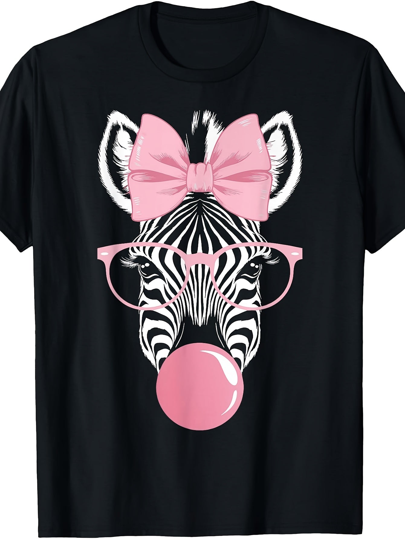 Retro Zebra Wearing Glasses Blowing Pink Bubble Gum Graphic Tee for Men Women, Cute Animal Short Sleeve T-Shirt, Casual Crew Neck Top for Party Daily Wear