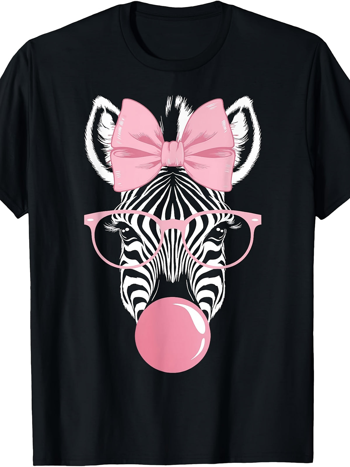Retro Zebra Wearing Glasses Blowing Pink Bubble Gum Graphic Tee for Men Women, Cute Animal Short Sleeve T-Shirt, Casual Crew Neck Top for Party Daily Wear