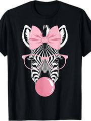 Retro Zebra Wearing Glasses Blowing Pink Bubble Gum Graphic Tee for Men Women, Cute Animal Short Sleeve T-Shirt, Casual Crew Neck Top for Party Daily Wear