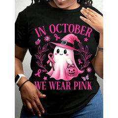Women Halloween Ghost Witch Pink Ribbon Breast Cancer Awareness T-Shirt In October We Wear Pink Round Neck Short Sleeve Casual Autumn Fashion Top