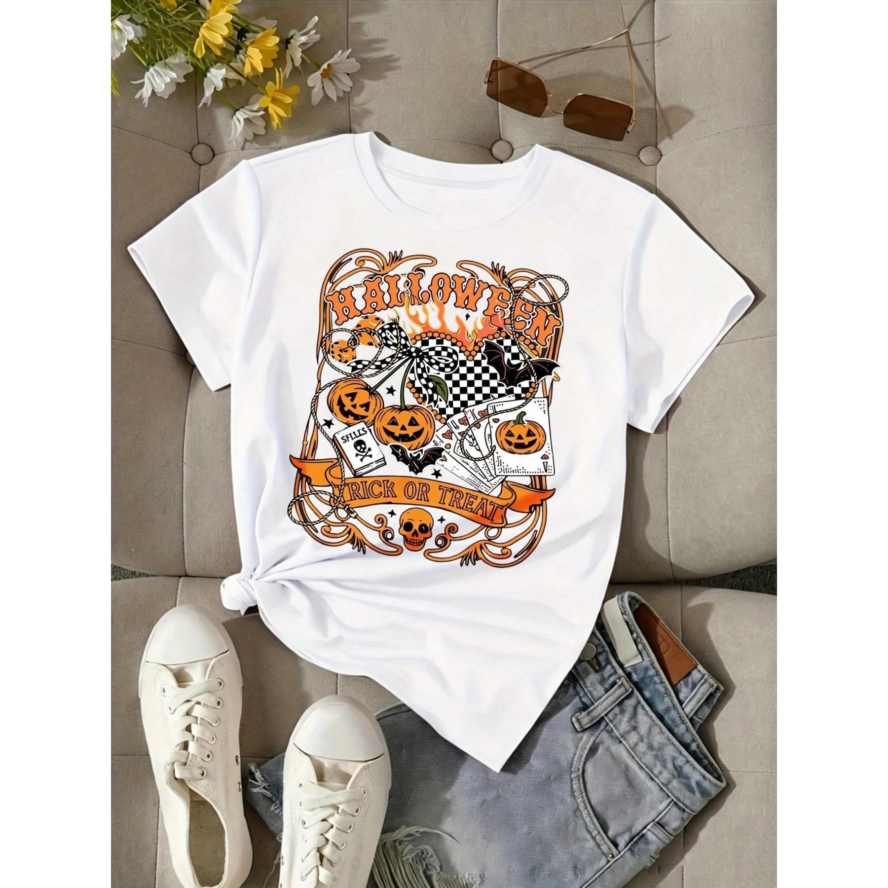 Halloween Graphic, Casual Short Sleeve, Women's T-Shirt, Pumpkin Skull Trick Or Treat Print, Autumn Holiday Party, Gift For Friends