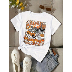 Halloween Graphic, Casual Short Sleeve, Women's T-Shirt, Pumpkin Skull Trick Or Treat Print, Autumn Holiday Party, Gift For Friends