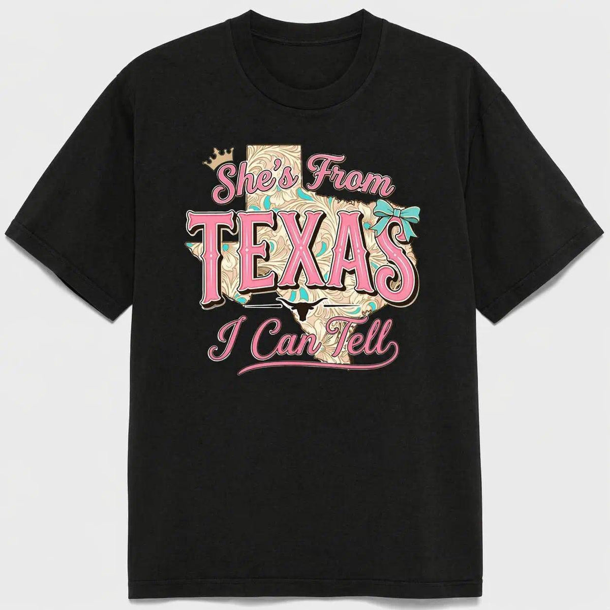She's From Texas I Can Tell Cowgirl Graphic Tee for Women, Western State Pride Short Sleeve T-Shirt, Casual Country Crew Neck Top for Texas Girl Birthday Gift