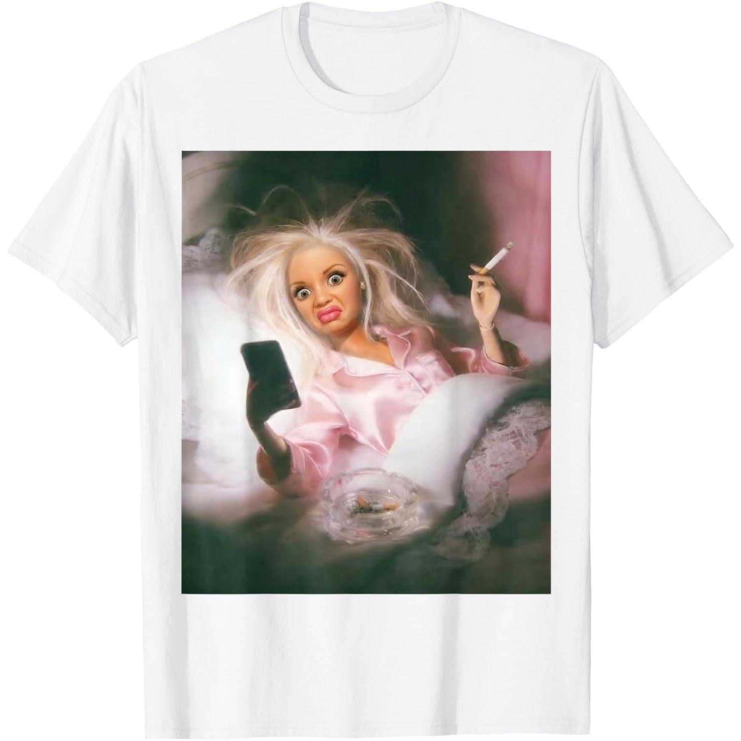 Funny Creepy Doll Face Meme T-Shirt - Smoking Sarcastic Humor Graphic Tee, Unisex Adult Casual Top