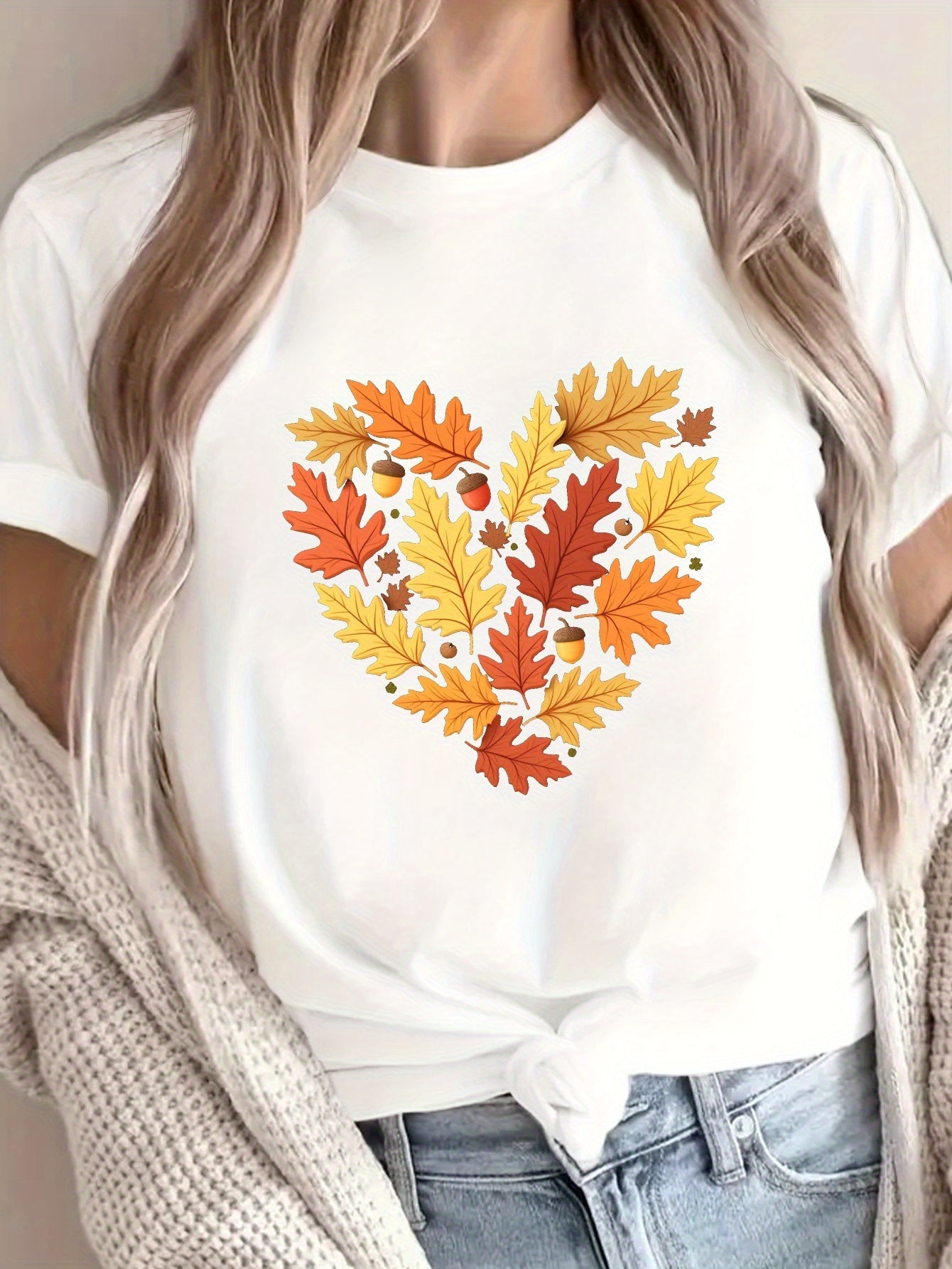 Acorn Autumn Heart Oak Leaves Print T-shirt, Short Sleeve Crew Neck Casual Top for Summer & Spring, Women's Clothing