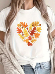 Acorn Autumn Heart Oak Leaves Print T-shirt, Short Sleeve Crew Neck Casual Top for Summer & Spring, Women's Clothing