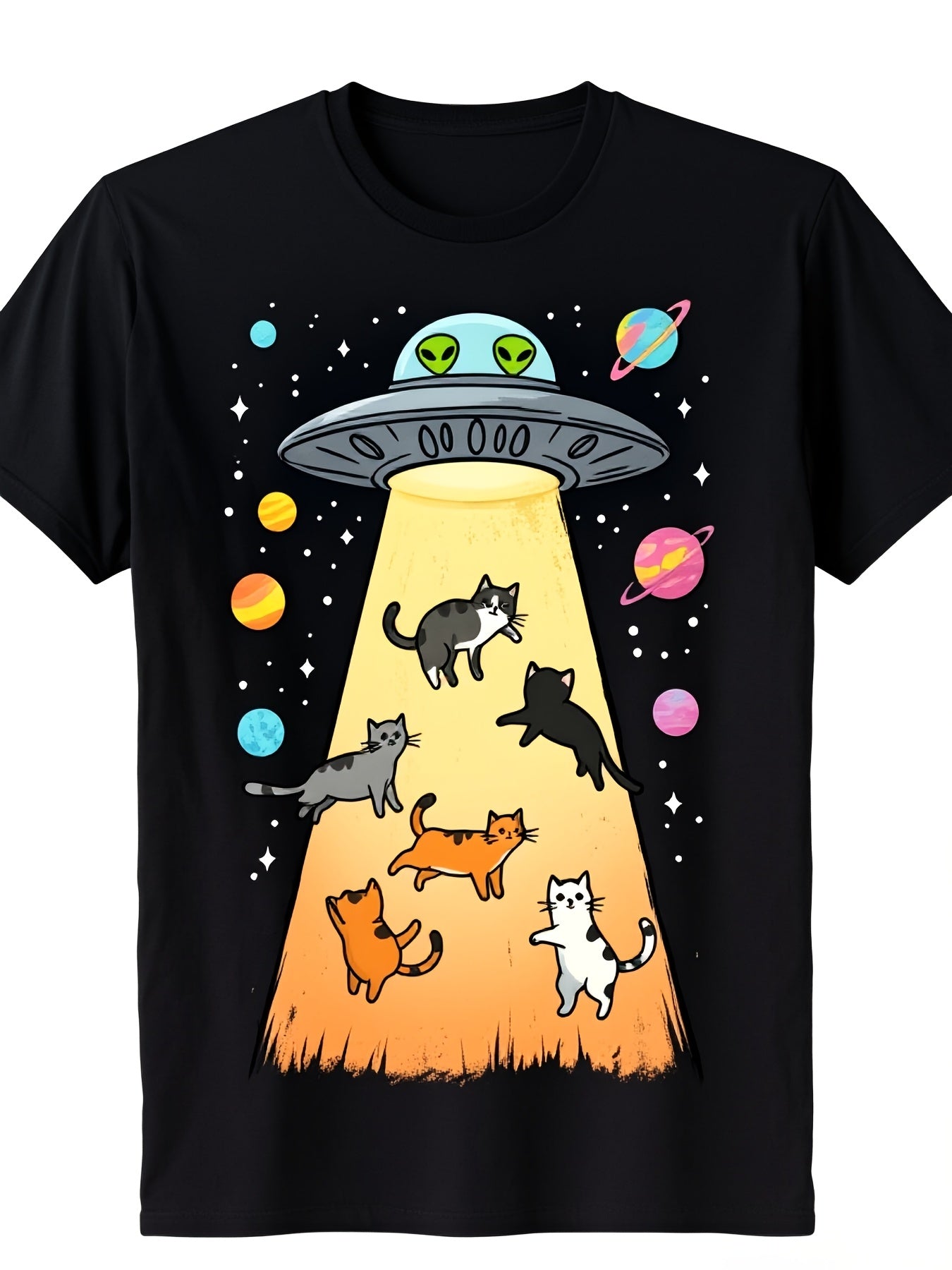 Humorous Space Cats UFO Alien Unisex T-Shirt, All Season Funny Sci-Fi Cartoon Graphic Top, Casual Trendy Daily Outfit for Kitty Lovers and Astronomy Fans