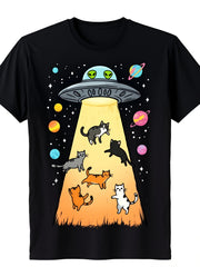 Humorous Space Cats UFO Alien Unisex T-Shirt, All Season Funny Sci-Fi Cartoon Graphic Top, Casual Trendy Daily Outfit for Kitty Lovers and Astronomy Fans