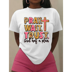 Pray Wait Trust God Has A Plan Cross Graphic T-Shirt, Unisex Soft Cotton Crew Neck Tee, All Season Inspirational Faith Gift For Believers, Sunday Worship Bible Study & Church Gathering Casual Wear
