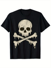 Pirate Skull Jolly Roger Graphic Tee for Men, Crossbones Skeleton Print Short Sleeve T-Shirt, Casual Crew Neck Top for Everyday Beach Sport Wear