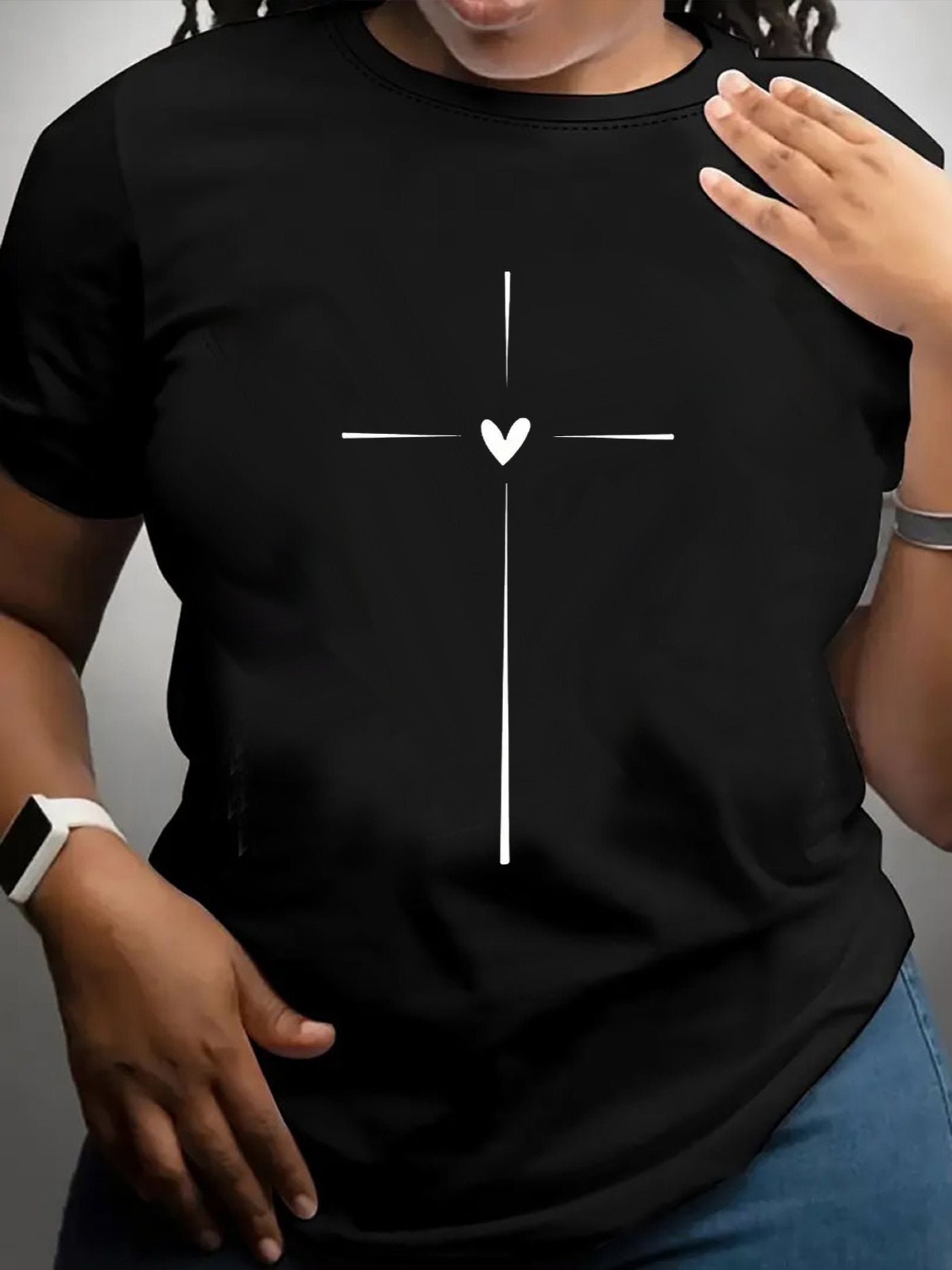 Women’s Christian Cross Heart Graphic T‑Shirt, Minimal Religious Faith Print Crew Neck Short Sleeve Casual Tee
