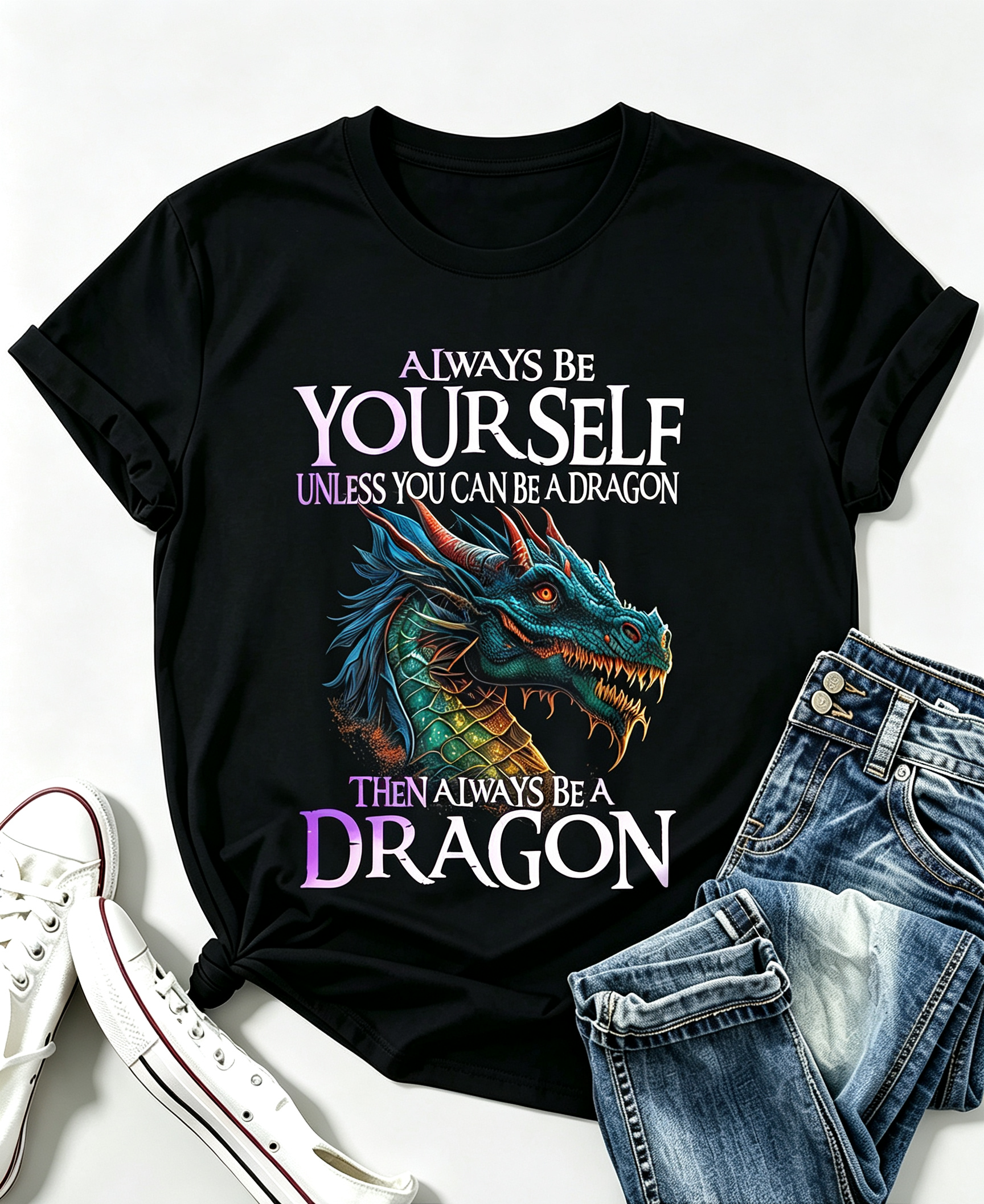 Colorful Dragon Illustration T Shirt Bold 'ALWAYS BE YOURSELF' Text