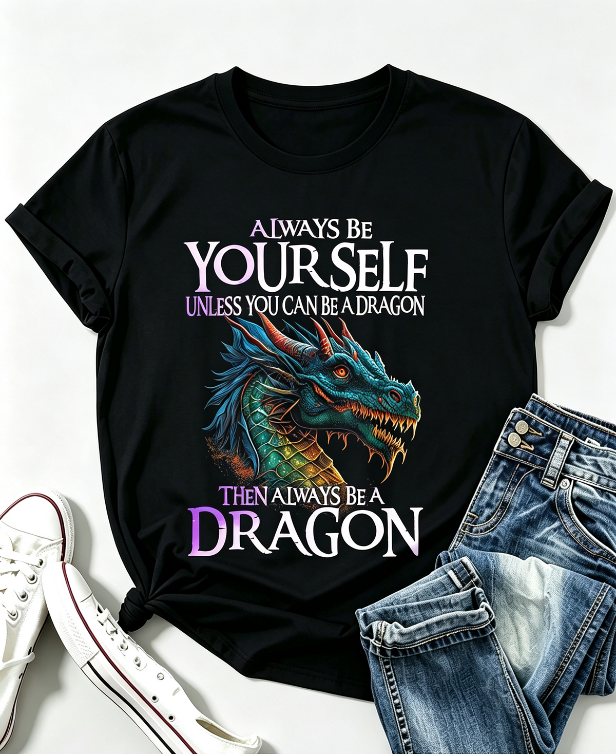 Colorful Dragon Illustration T Shirt Bold 'ALWAYS BE YOURSELF' Text