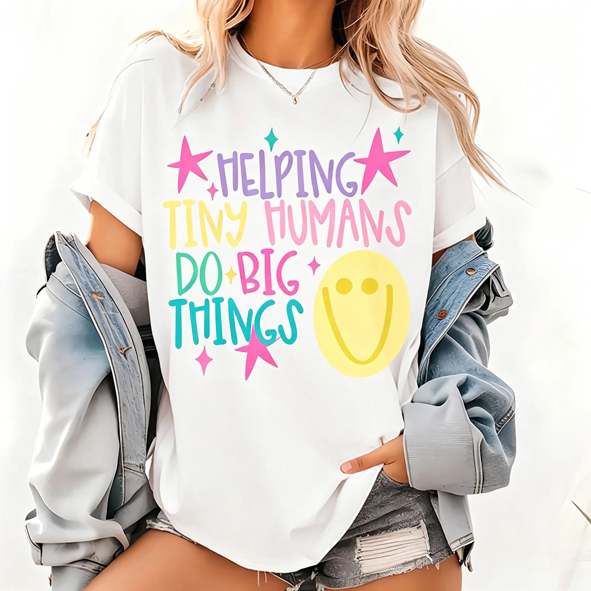 Women's Cotton Short-Sleeve Casual Fashion Top - "Helping Tiny Humans Do Big Things" Preppy Teacher Graphic Tee, Back to School Stars Shirt