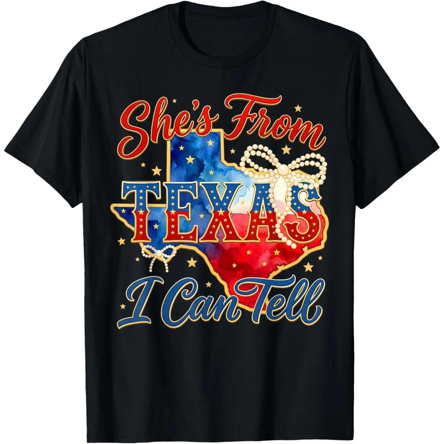 She‘s From Texas I Can Tell Retro Cowgirl T-Shirt Lone Star State Pride Western Graphic Tee Unisex Summer Casual Top Soft Cotton Crew Neck Vintage Style