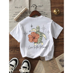Women's Summer Turtle, Floral & Letter Print Casual Loose Round Neck Beach Vacation T-Shirt White