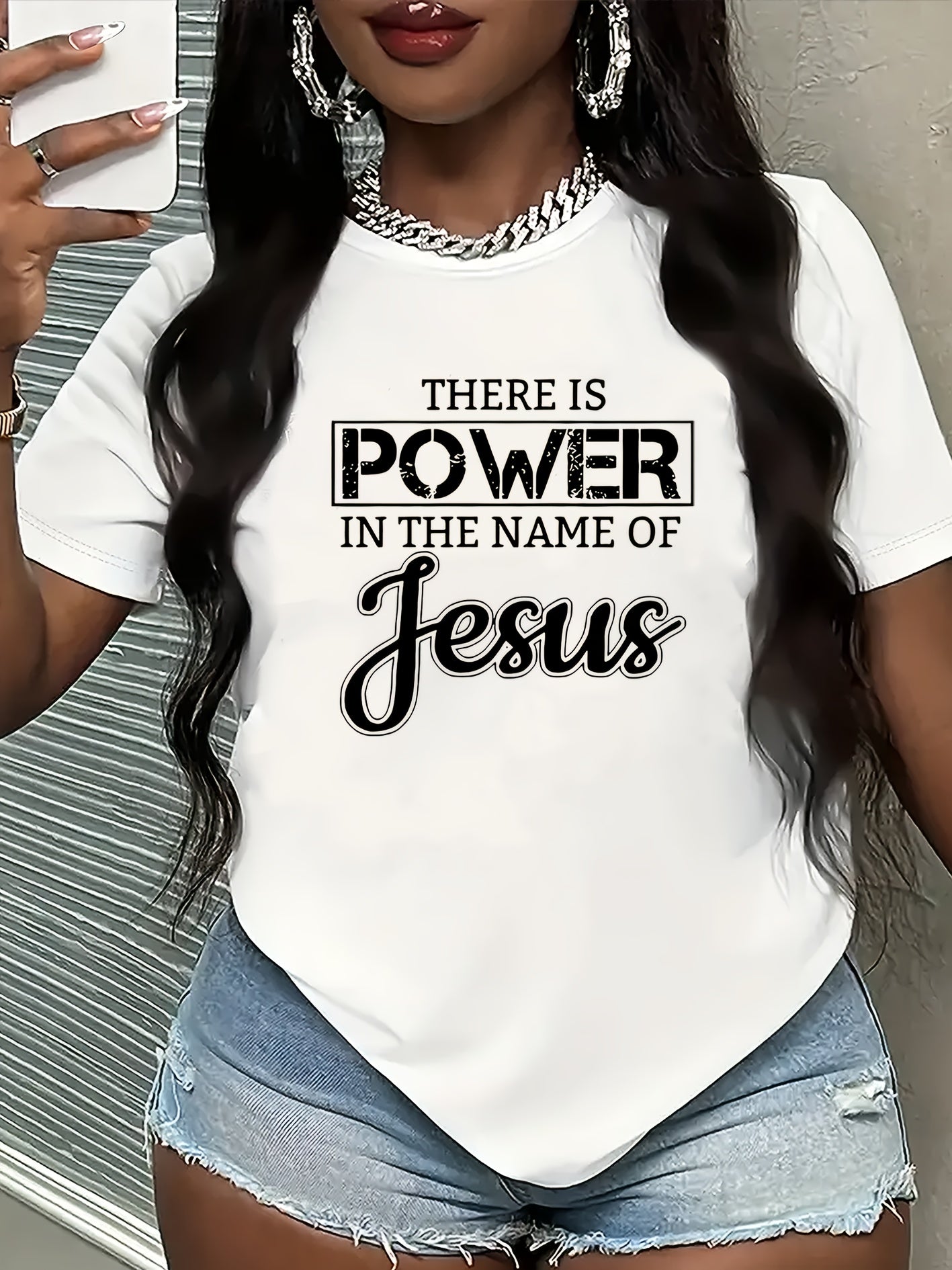 Women's There Is Power In The Name Of Jesus Graphic T‑Shirt, Religious Faith Short Sleeve Crew Neck Casual Tee