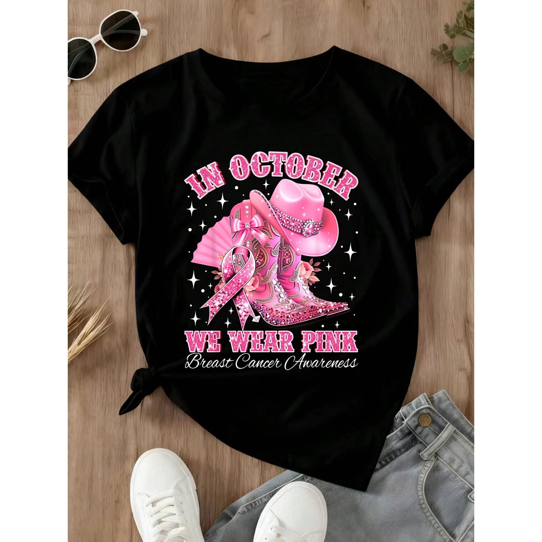 Casual Women Graphic Tee Shirt October We Wear Pink Breast Cancer Awareness Cowboy Boots Hat Print Top For Daily Wear Support