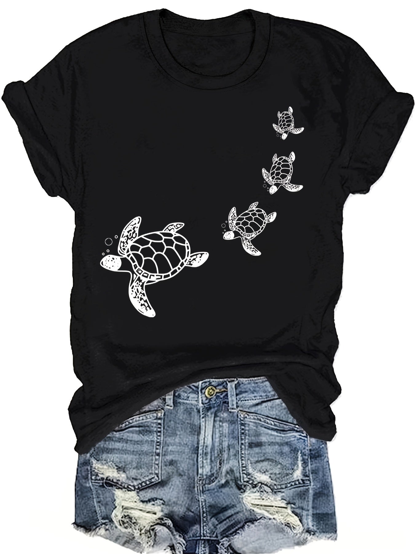 Sea Turtles Print T-Shirt, Short Sleeve Crew Neck Casual Top for Summer And Spring, Women'S Clothing