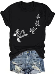 Sea Turtles Print T-Shirt, Short Sleeve Crew Neck Casual Top for Summer And Spring, Women'S Clothing