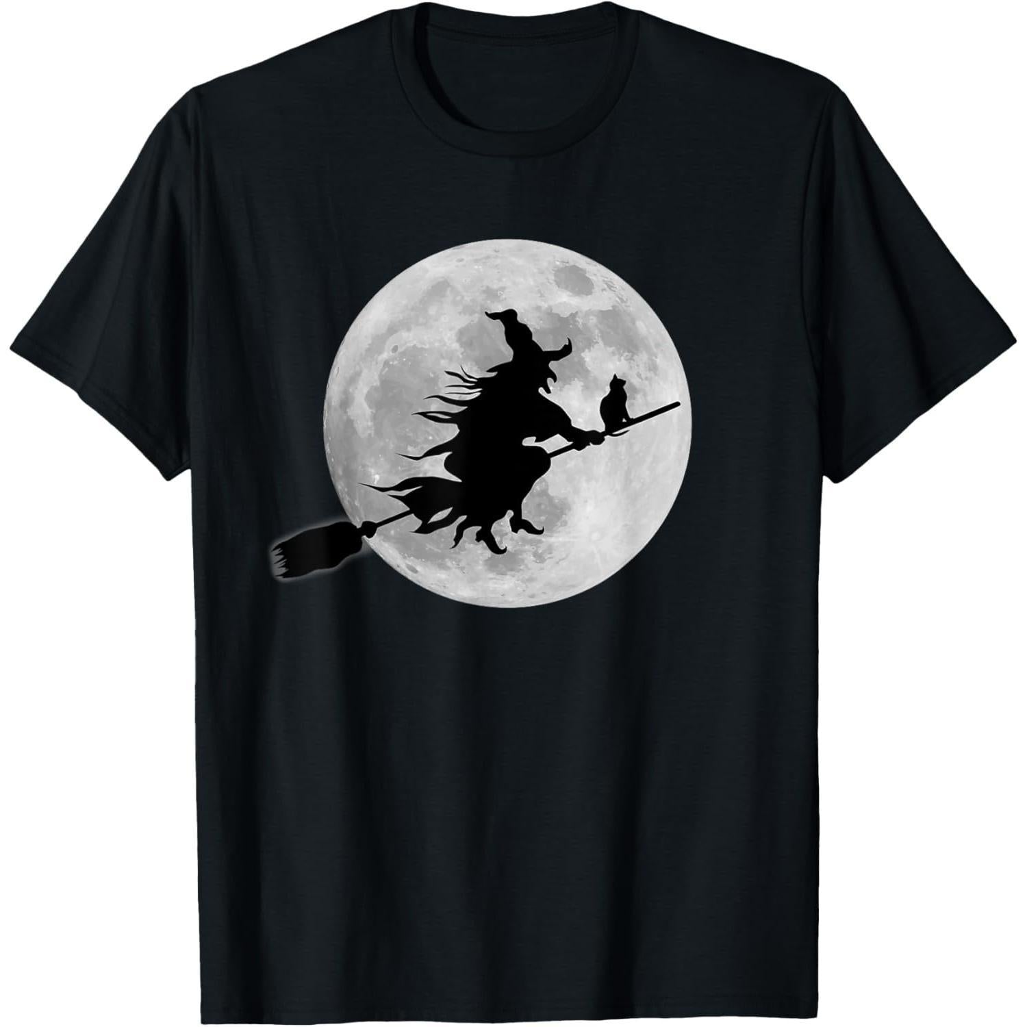 Flying Witch On Broomstick Halloween Full Moon Black Cat T-Shirt