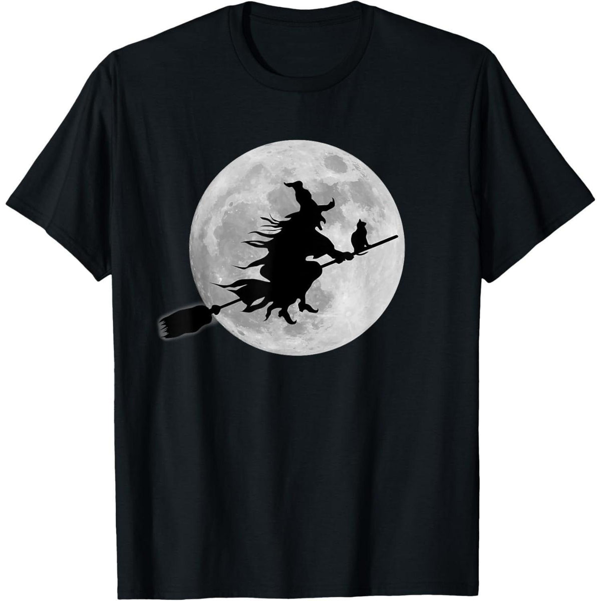 Flying Witch On Broomstick Halloween Full Moon Black Cat T-Shirt