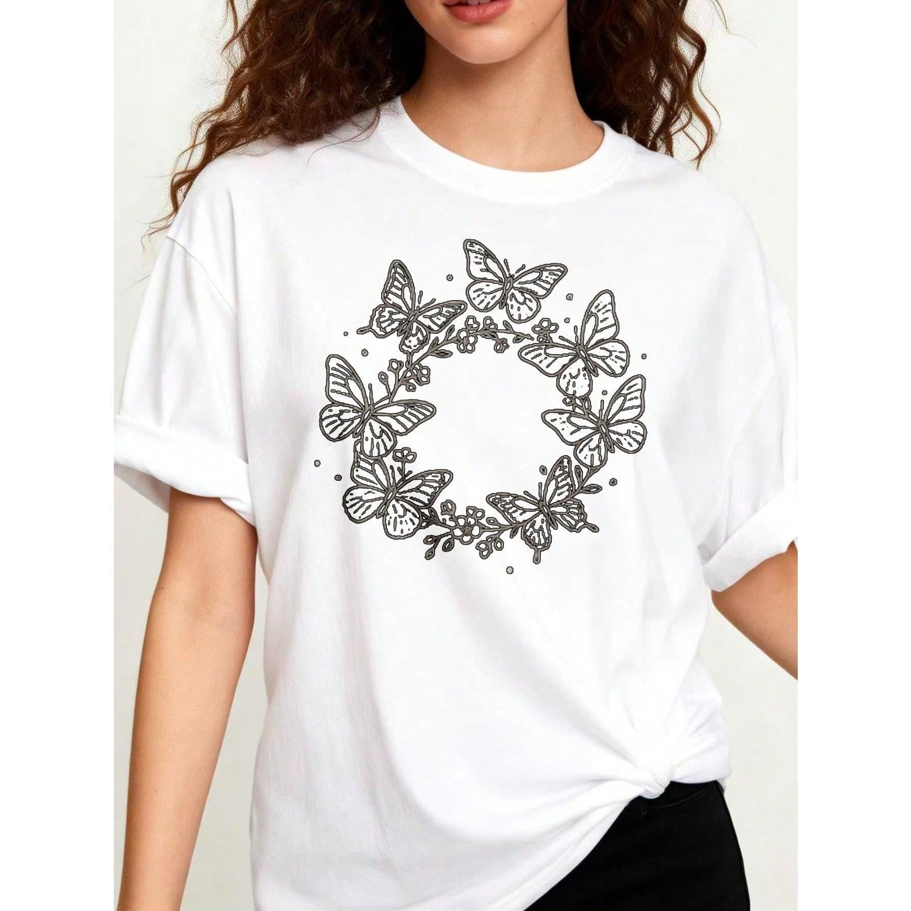 TShirt Casual Fashion Women'S Crew Neck T-Shirt Butterfly Floral Design Summer