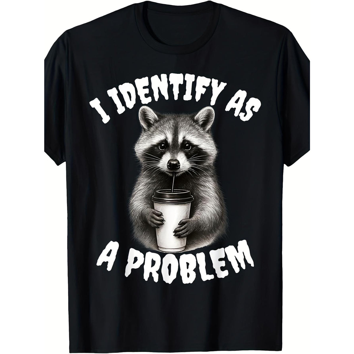Funny Raccoon Meme T-Shirt - "I Identify As a Problem Raccoon" Slogan with Raccoon Mask Logo - Casual & Party Wear Novelty Tee for Animal Lovers, Round Neck Humor Apparel