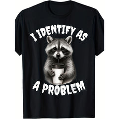 Funny Raccoon Meme T-Shirt - "I Identify As a Problem Raccoon" Slogan with Raccoon Mask Logo - Casual & Party Wear Novelty Tee for Animal Lovers, Round Neck Humor Apparel