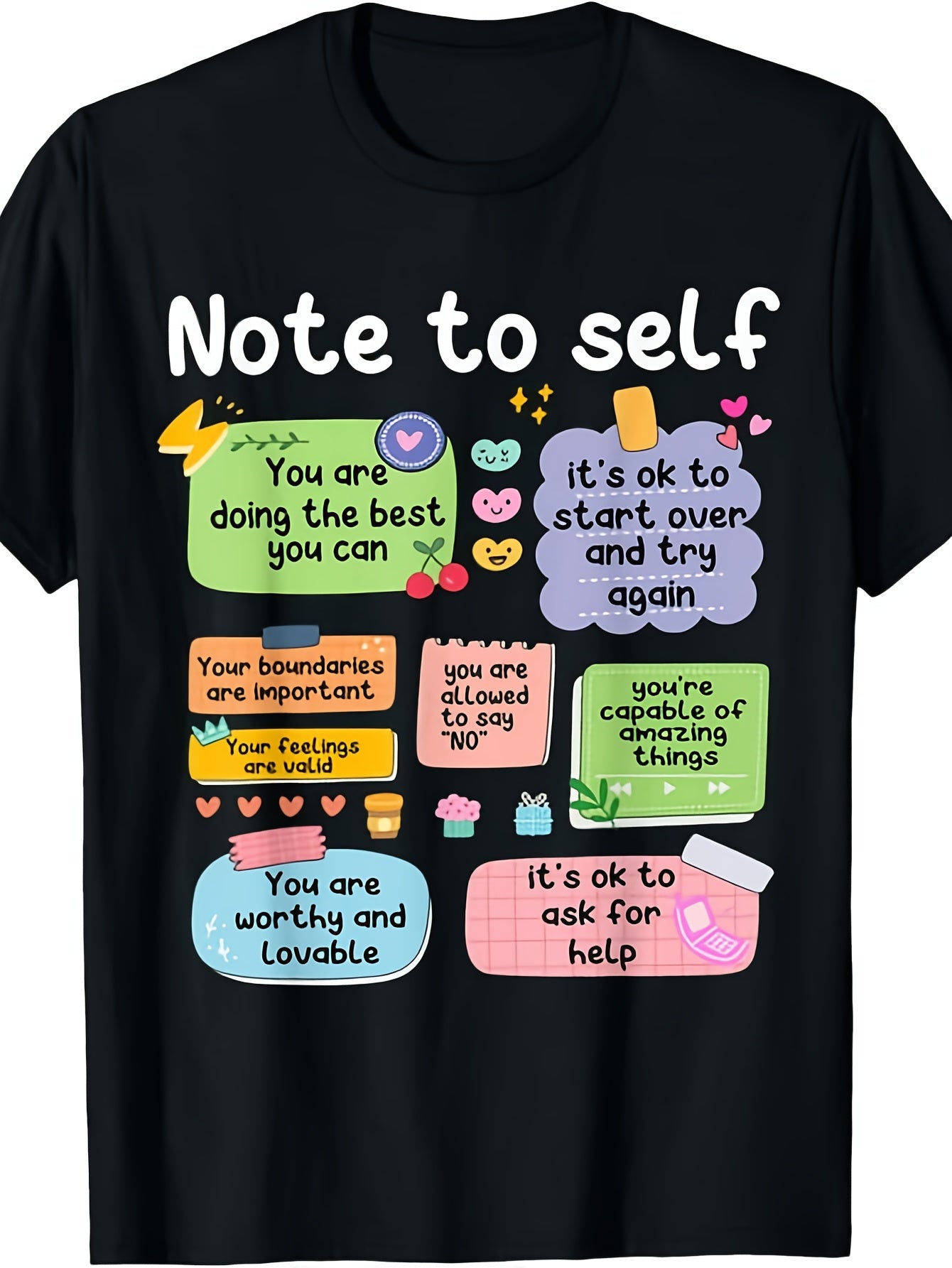 Note to Self Motivational Self Care Graphic Tee for Men Women, Positive Affirmation Short Sleeve T-Shirt, Casual Crew Neck Top for Daily Wear