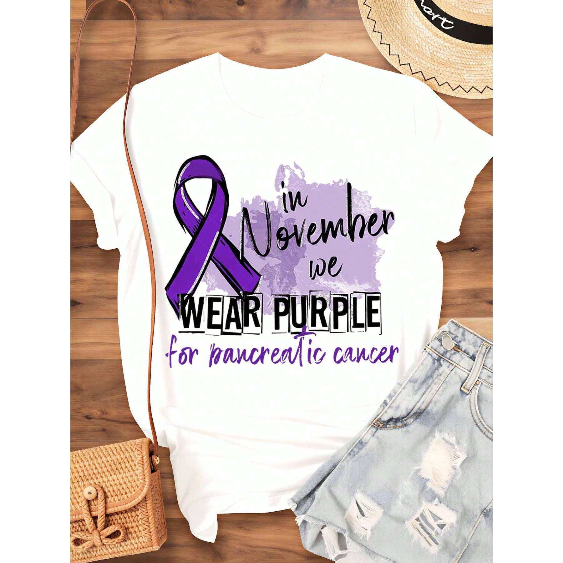Women Casual Short Sleeve T Shirt In November We Wear Purple For Pancreatic Cancer Awareness Ribbon Graphic Digital Print Daily Wear