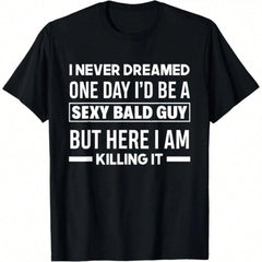 Men's Casual Cotton Graphic T-Shirt with Amusing 'Sexy Bald Guy' Joke, Soft Short Sleeve Round Neck Tee for Daily Wear, Shortsleeve, Elegant, Top, Sports