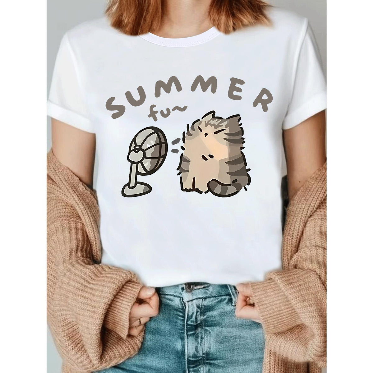 Lazy Fluffy Cat with Fan Summer Cartoon Print Crew Neck T-Shirt, Kawaii Casual Top, Trendy Gift for Cat-Loving, Breathable Summer Apparel, Ideal for Shopping, Home Relax & Vacation Looks