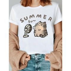 Lazy Fluffy Cat with Fan Summer Cartoon Print Crew Neck T-Shirt, Kawaii Casual Top, Trendy Gift for Cat-Loving, Breathable Summer Apparel, Ideal for Shopping, Home Relax & Vacation Looks
