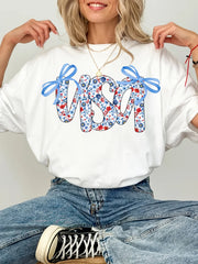 Women's Patriotic American Flag & Floral Bow Print T-Shirt – Casual Crew Neck Short-Sleeve Top