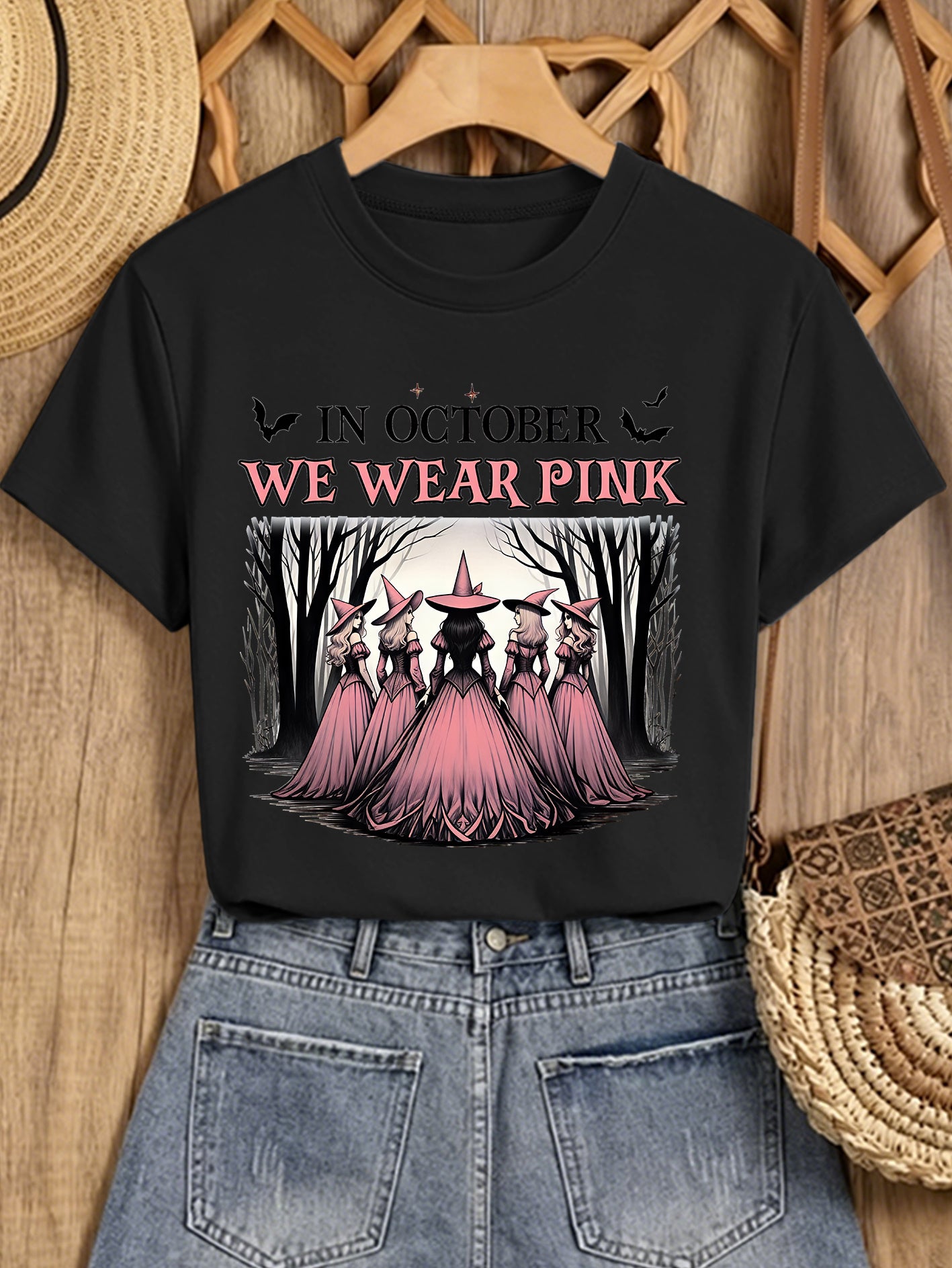 In October We Wear Pink T-Shirt Breast Cancer Awareness Witch Tee