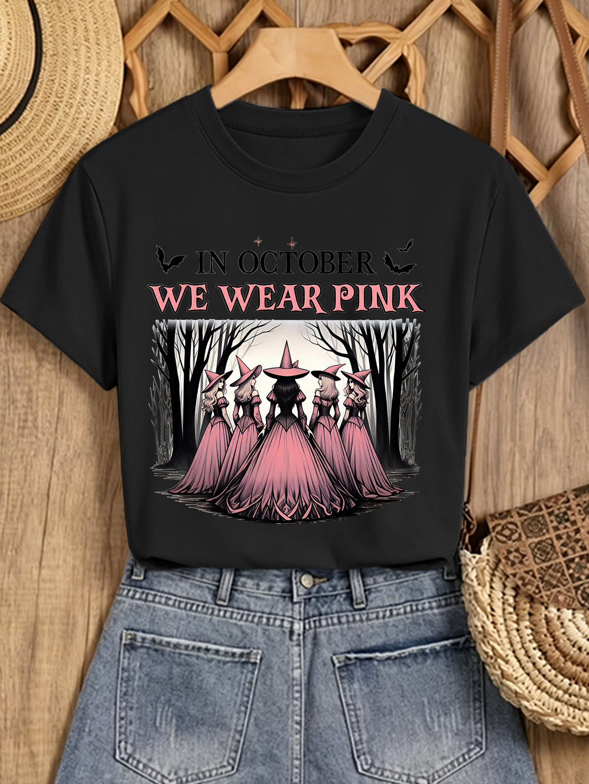 In October We Wear Pink T-Shirt Breast Cancer Awareness Witch Tee
