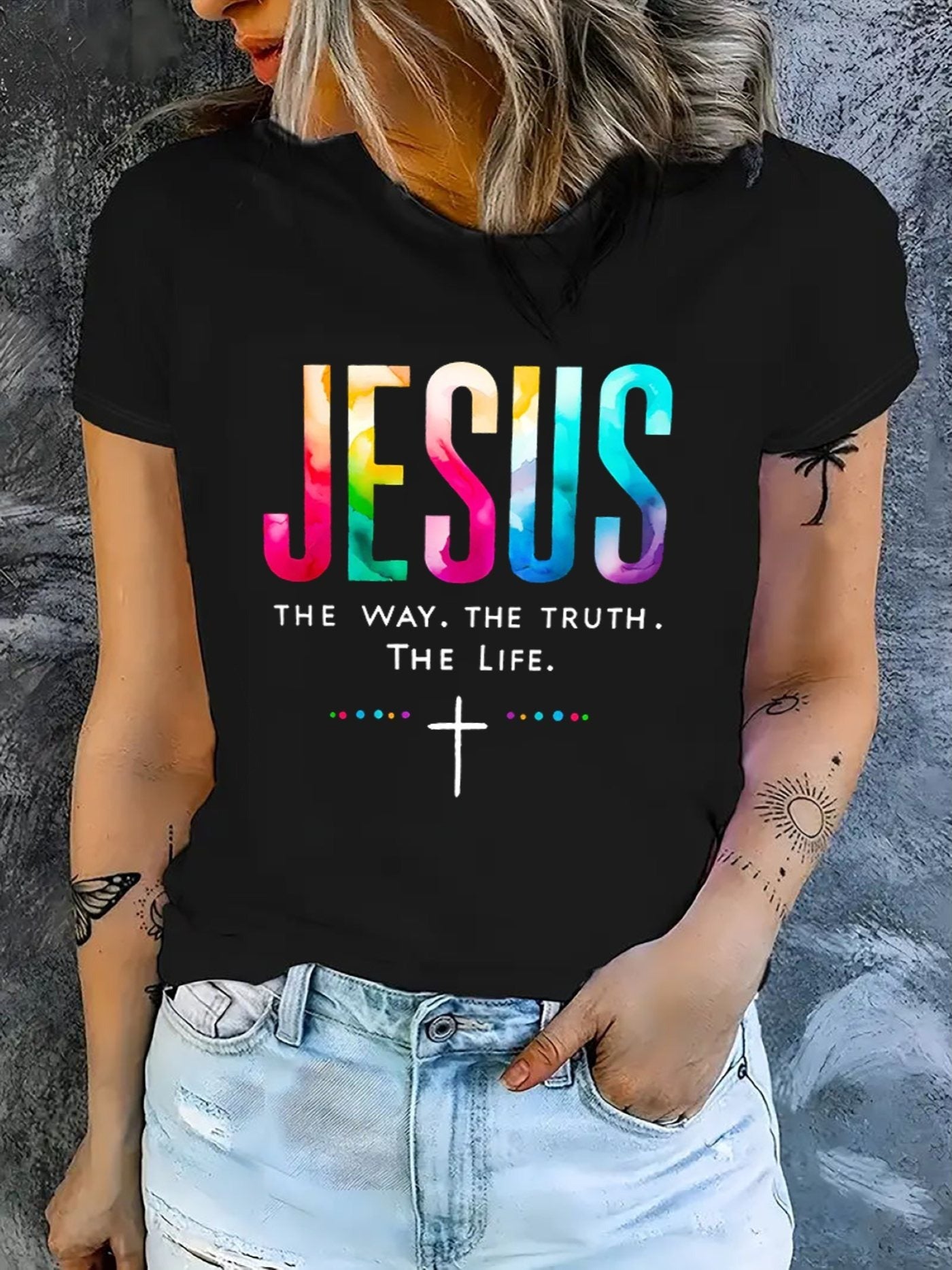Women Religious Belief Printed T‑Shirt, Vibrant Jesus Quote Cross Graphic Crew Neck Short Sleeve Everyday Top