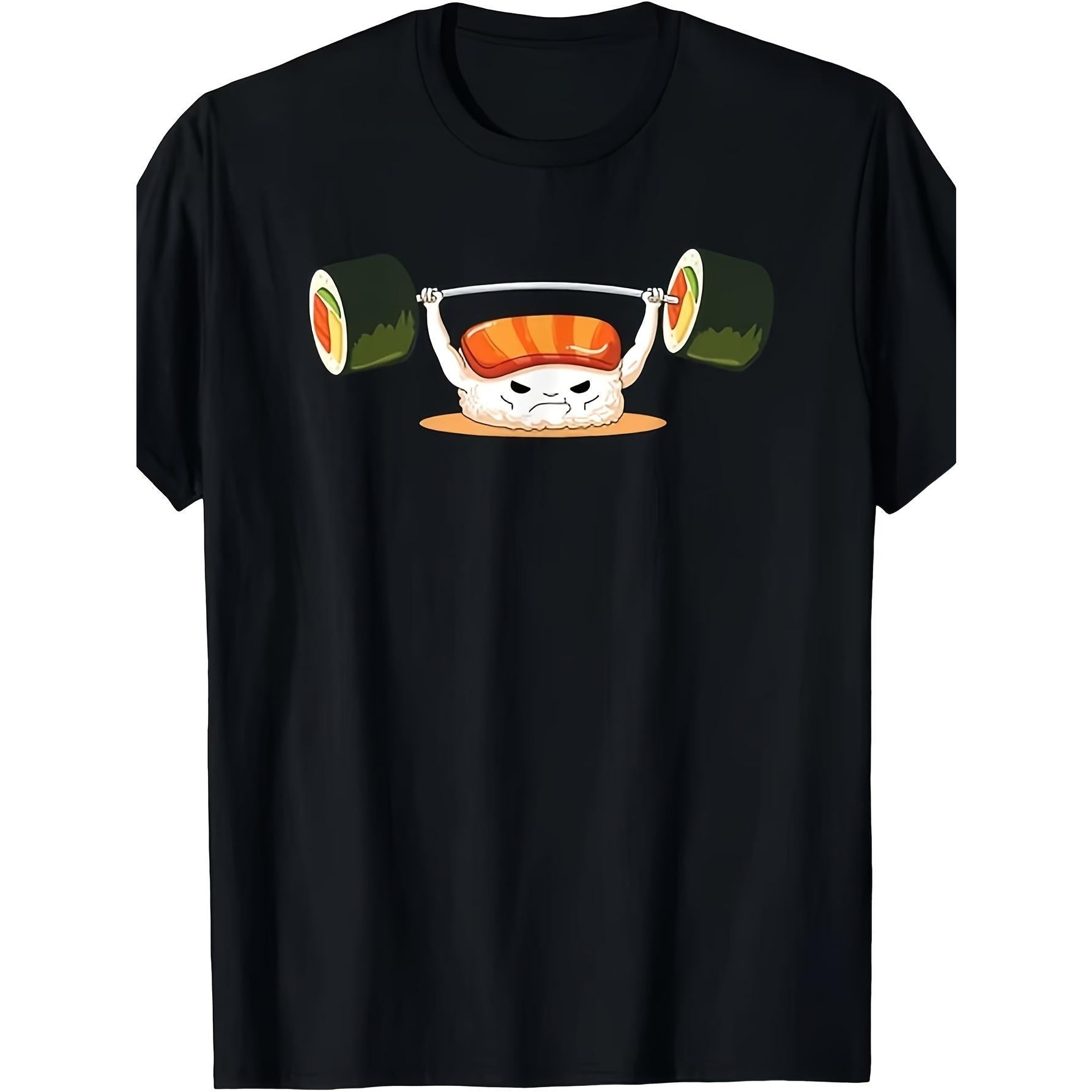 Funny Cute Weightlifting Salmon Sushi Graphic T-Shirt, Unisex Soft Cotton Crew Neck Top, All Season Funny Gym Tee, Casual Workout Outfit for Fitness Fans and Japanese Sushi Lovers