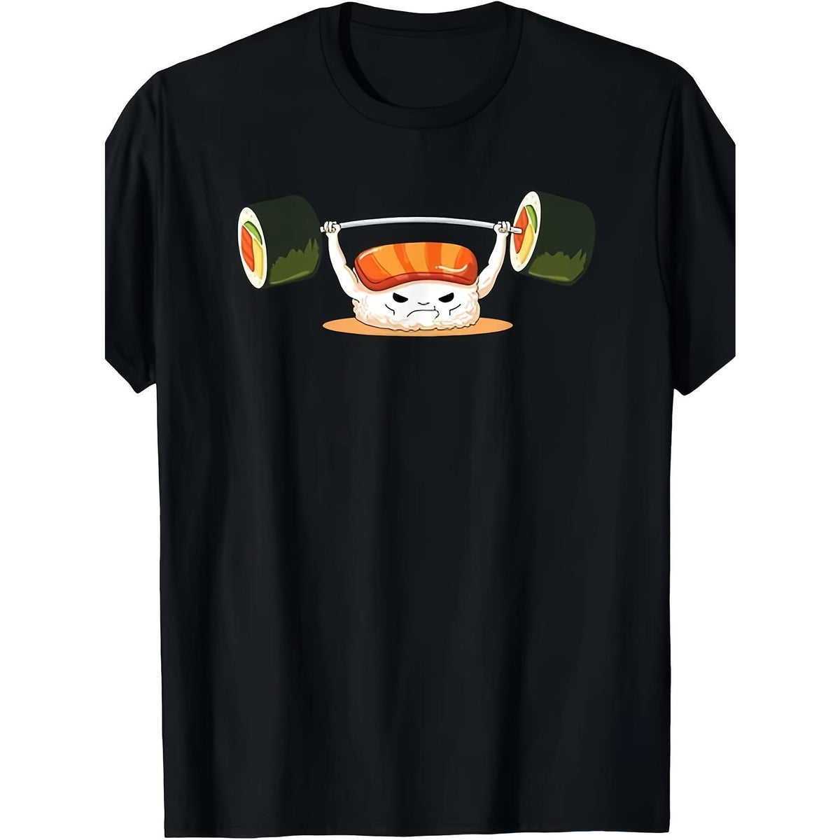 Funny Cute Weightlifting Salmon Sushi Graphic T-Shirt, Unisex Soft Cotton Crew Neck Top, All Season Funny Gym Tee, Casual Workout Outfit for Fitness Fans and Japanese Sushi Lovers