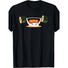 Funny Cute Weightlifting Salmon Sushi Graphic T-Shirt, Unisex Soft Cotton Crew Neck Top, All Season Funny Gym Tee, Casual Workout Outfit for Fitness Fans and Japanese Sushi Lovers