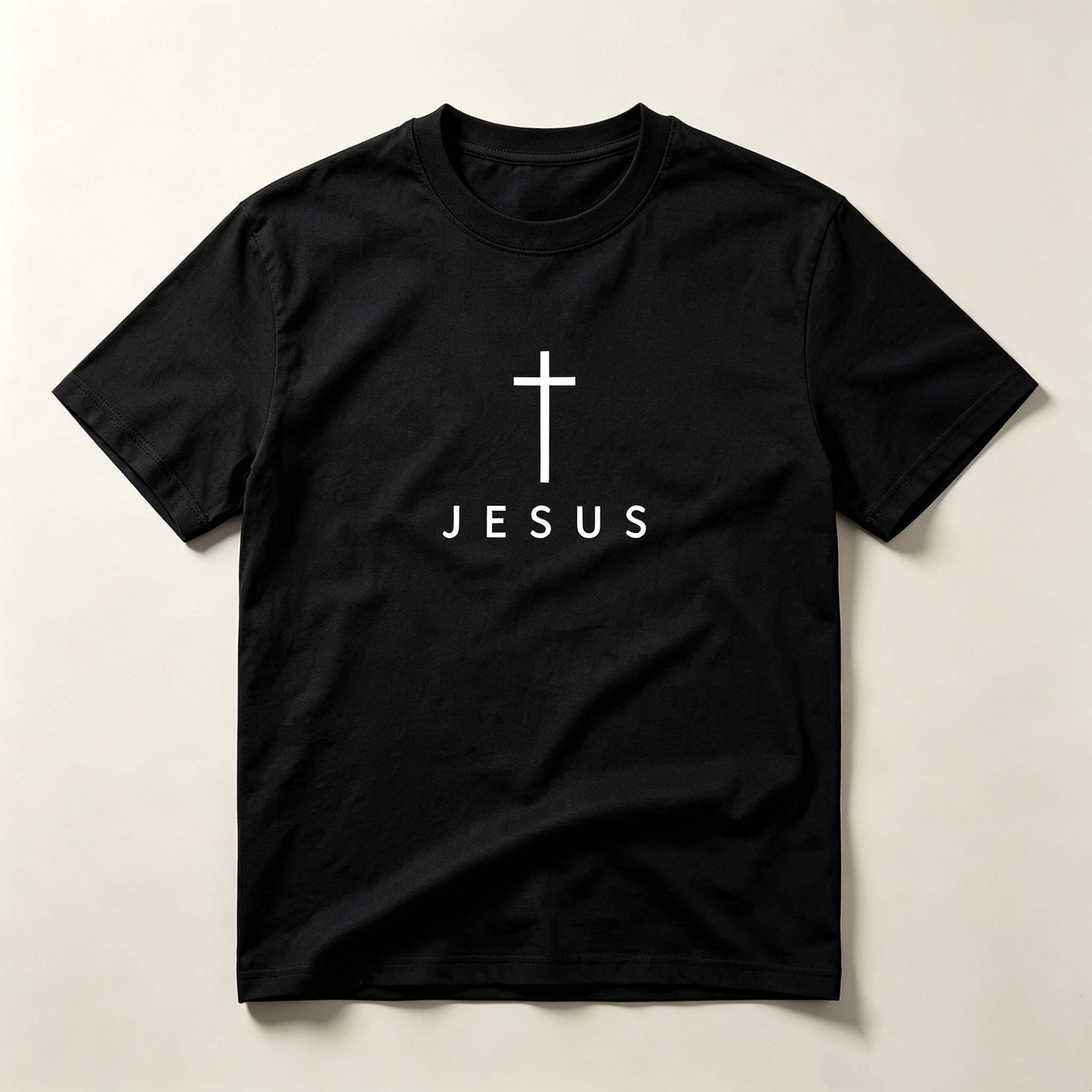 Men's Crew Neck Minimal Graphic T‑Shirt, White Cross & JESUS Faith‑Themed Print, Breathable Regular Fit Casual Short‑Sleeve Tee for Daily Commute S‑5XL