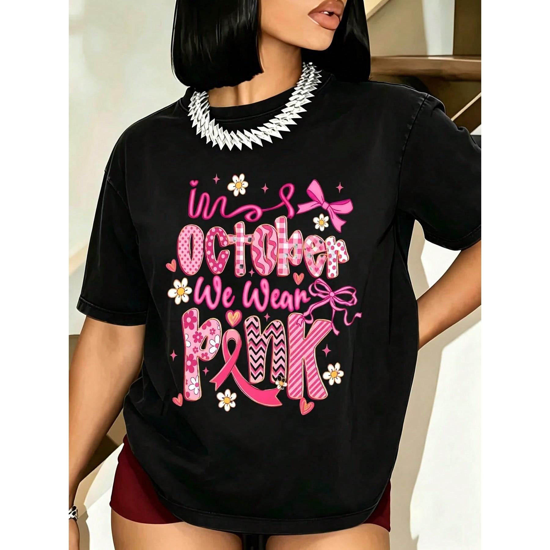 Women October We Wear Pink Breast Cancer Awareness T Shirt Black Short Sleeve Graphic Tee Casual Summer Top With Floral Ribbon Print