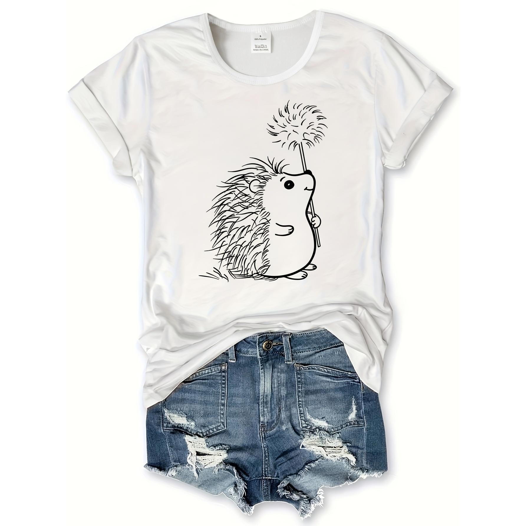 Hedgehog Print Crew Neck T-Shirt, Casual Short Sleeve T-Shirt For Spring & Summer, Women's Clothing