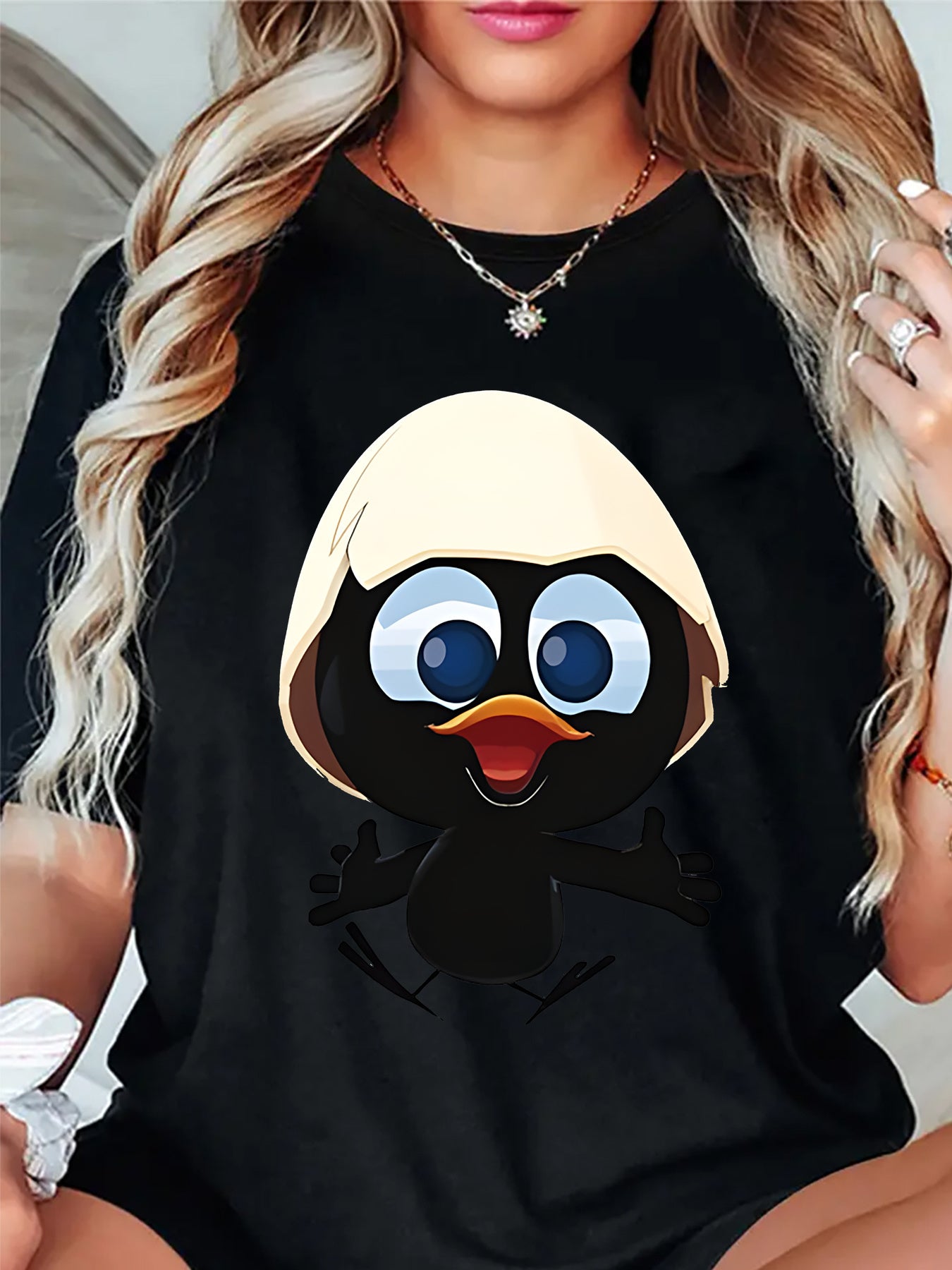 Women's Cute Duckling Eggshell Print T-Shirt Round Neck Casual & Wear with Duck Swimming Design, 100%Cotton Women Clothing
