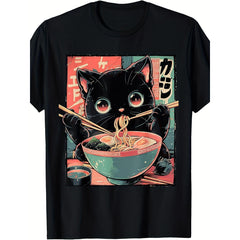 Cute Cat Eating Ramen Anime T-Shirt Japanese Kawaii Noodle Lover Graphic Tee Ramen Bowl Kitten Design Unisex Summer Casual Top Soft Cotton Crew Neck Vintage Style