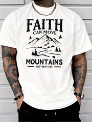 Men's Faith Can Move Mountains Verse T-Shirt - Faith-Based Print, Casual Round Neck Short Sleeve Tee Suitable for Daily Wear, Church Events & Outdoor Activities